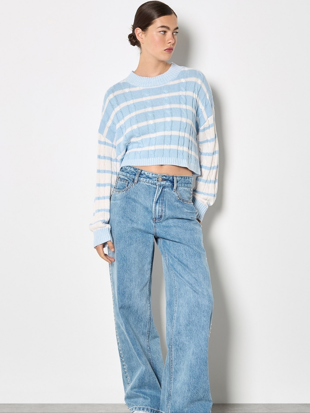 Cotton Blend Contrast Sleeve Sweater
